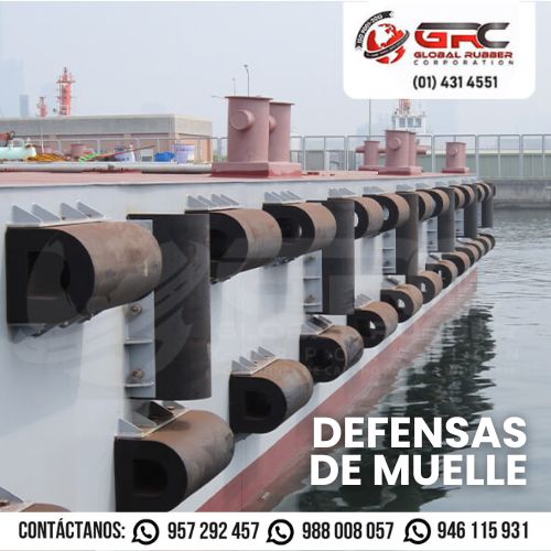 Defensas de caucho para muelles portuarios, resistentes a impactos y condiciones salinas.